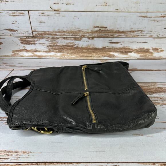 Vintage Fossil Folder Over Black Leather Purse Brass Shoulder Bag - Picture 4 of 7